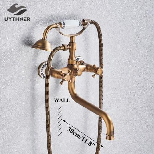 Antique Brass Bathtub Shower Faucet Wall Mount Bath Shower Mixer Tap 30cm Spout 360 Rotation Bath Tub Faucet Mixer Tap Shower