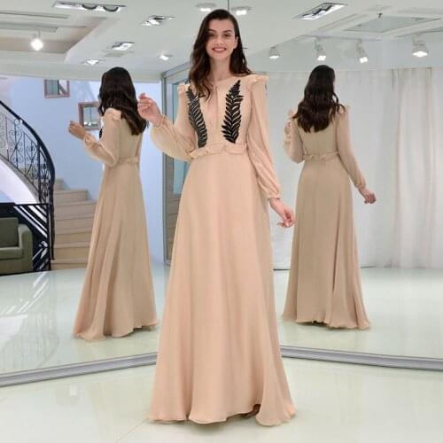 Tanpell Elegant Prom Dress Scoop Neck Long Sleeves Zipper up Appliques Hollow Woman Party Gown Floor Length A Line Evening Dress