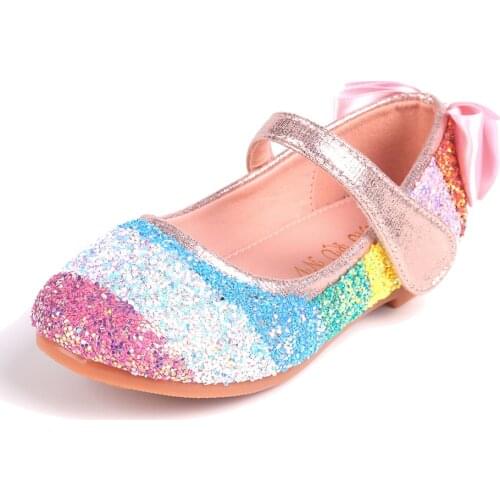Girl Rainbow Glitter Wedding Party Mary Jane Shoes Kid Bowknot Back Slip on Ballerina Flats Children Bridesmaids Heel Pump Shoes