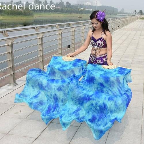 China Real 100% Silk Oriental Dancing Fan Veils Gradient Fire Many Colors Fan Belly Dancing Stage Performance 1pair