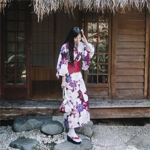Japanese Kimono Style yukata Girl spring dress Woman Red Flower print Bloom 2020 retro splice Long Dress