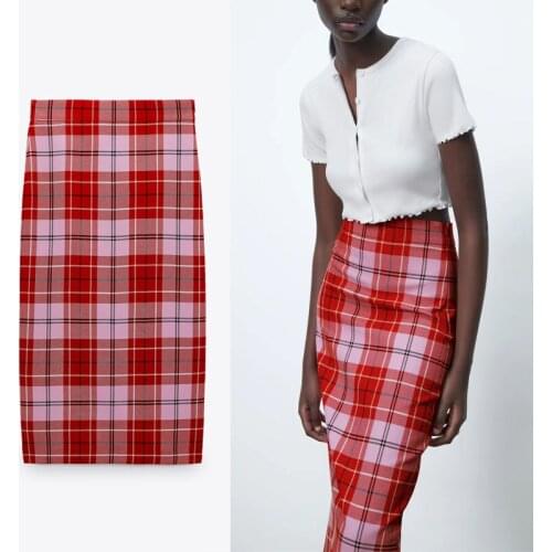 2021 Za Vintage Plaid Midi Skirt Women High Waist Spring Red Skirts Woman Fashion Back Vent Side Zip Casual Straight Skirts