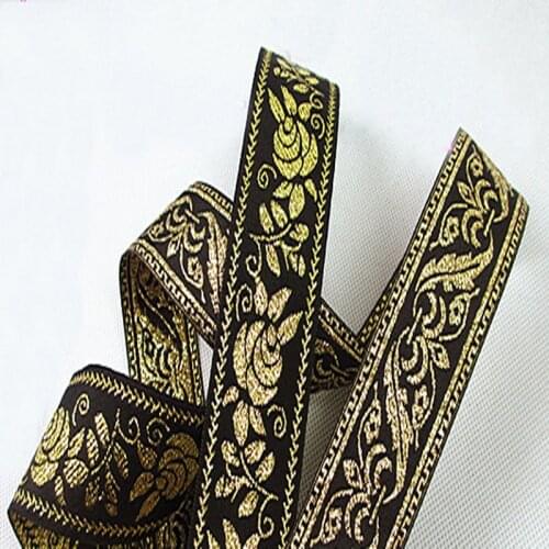 2 Yards Royal Quality Black Gold Rose Flower & Gold Leaf Embroidery Jacquard Ribbon, Beautiful ribbon Home Decoration