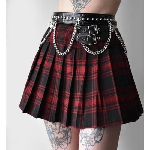 Plaid Gothic Punk Pleated Skirt Grunge High Waist A-line Sexy Women Mini Skirt Harajuku Belt Zip Patchwork Streetwear
