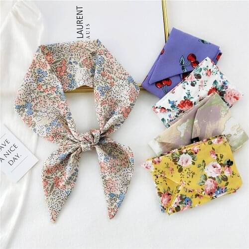 2021 Double Sided Printing Small Floral Strip Chiffon Women Neck Scarf Spring Summer Hair Hats RibbonThin Ladies Tie Scarves