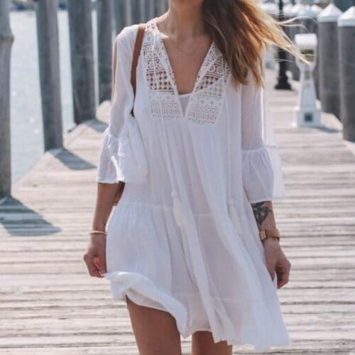 2019 Casual Cover Up Women Loose Lace Hollow Summer Half Sleeve Beachwear Tops Swimwear White Cover Up V Neck