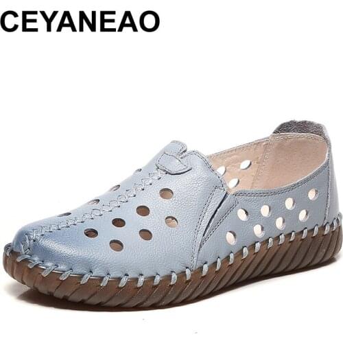 CEYANEAO Summer women genuine leather flats women platform sneakers creepers cutouts slip on flats moccasins shoes loafersE865