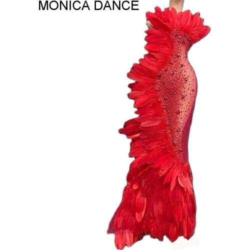 Women Sexy Luxury Red Crystal Evening See Through Mesh Dress Rhinestone Feather Dress Sexy Party Floor Length Birthday Dress