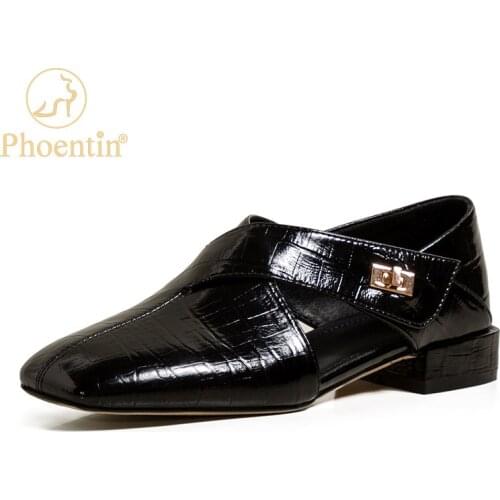 Phoentin 2021 Autumn new Genuine Leather Women Pumps elegant office ladys Hollow Low Heel Square Toe shoes black Mules FT1641