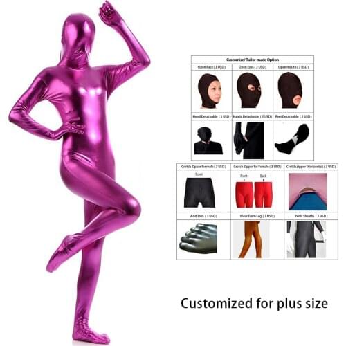 Shiny Lycra Spandex Shiny Purple womens Unitard Catsuits Metallic Footed Zipper Zentai Bodysuit