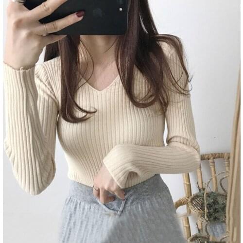 FORERUN Women Sweater Ribbed Top V Neck Solid Long Sleeve Pullover Tops Knitted Autumn Winter Basics Shirts Cheap Factory Supply