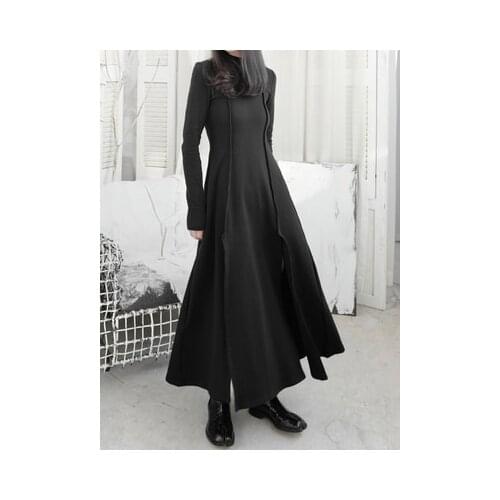 Dark waist slimming slit design feeling half-turtleneck dress 2021 spring womens black minority