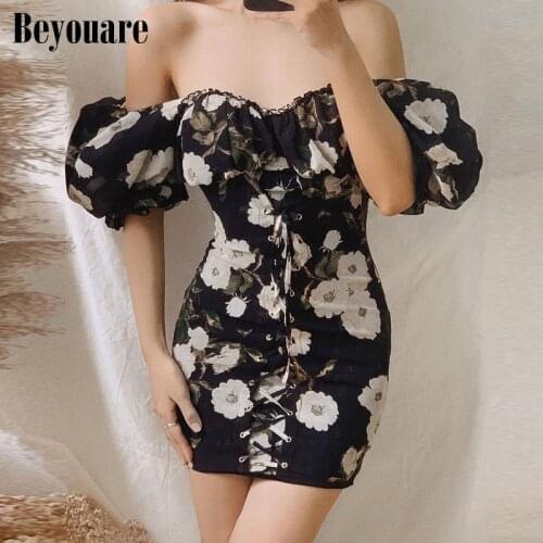 Beyouare Elegant Floral Print Puff Sleeve Mini Dress Sexy Slash Neck Drawstring Folds Bandage Bodycon Black Dresses 2021 Summer