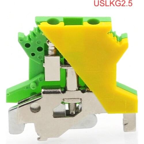 2Pcs USLKG2.5 Ground Terminal Blocks DIN Rail Screw Morsettiera UK-2.5B Yellow Green Earthing Bornier Connector 14AWG 2.5mm²