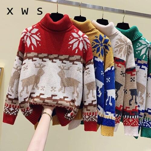 2020 European Fashion Women Winter Sweater and Jumpers turtleneck Long Sleeve Deer Print Christmas Knit Sweater Pull Jumpers