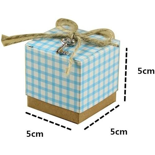 50PCS Pink Blue Plaid Square Kraft Paper Wedding Valentines Favors Candy Box Rope & Keys Birthday Party Plaid Paper Gift Box
