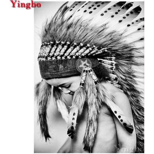 5D Diamond Painting Black white feather Indian girl cross stitch mosaic Embroidery Rhinestone icon full square diamond round