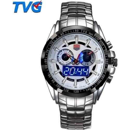 Sport Waterproof Watches Mens Quartz dual movement Led Display Full Steel Watch Fashion Sapphire Military Men clock TVG579
