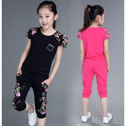 Children Clothing Sets Summer Girls Sports Suit Cotton Print Short Sleeve T-shirt+Pants 2Pcs Girls Clothes 4 6 8 10 12 13 Years