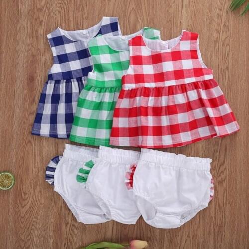 Baby Girls 2 PCS Outfit, Plaid Sleeveless Round Neck Back Buttons Loose Top, Short Solid Color Ruffle Triangle Elastic Band Pant