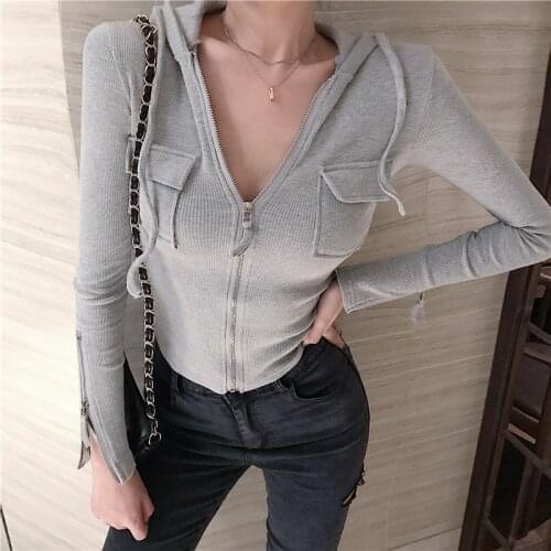 Korean Clothes Spring Autumn Hooded Pocket Sweater Women Slim Zipper Cardigan Long Sleeve Stretchy Knitted Jumper Tops M9N802