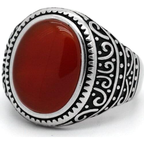 Red Agate Ring for Men Genuine 925 Sterling Silver Vintage Natural Gemstone Male Rings Turkish Handmade Retro Jewelry Gift