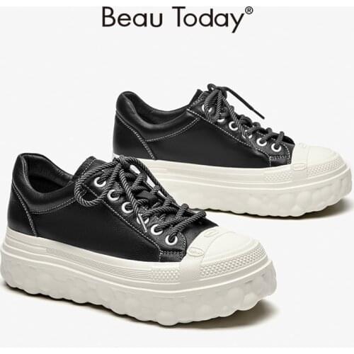 Platform Sneakers Women Cow leather Casual Canvas Lace-Up Closure Round Toe Thick Sole Ladies Shoes Handmade BeauToday 29128
