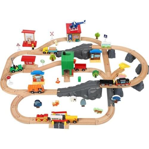 Wooden Train Track Set Kids Railway Puzzle Slot Rail Transit Toys Wood Electric Train Parking For Cars Garage Toys For Children