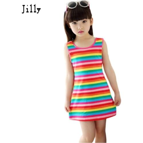 Children Girls' Clothing Seeveless Rainbow Stripes Summer Girl Dress 100% Cotton 3-14 Years Kids Vest Dresses For Teenage Girls