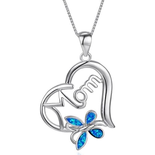 Blue White Opal Butterfly Pendant Mom Necklace Rose Gold Silver Color Chain Necklaces For Women Heart Necklace Mothers Day Gift