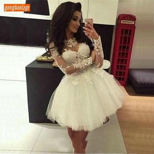 Romantic White Short Prom Dresses O Neck Tulle Applique Lace Prom Gowns Long Sleeves Knee Length Custom Made Women Formal Dress