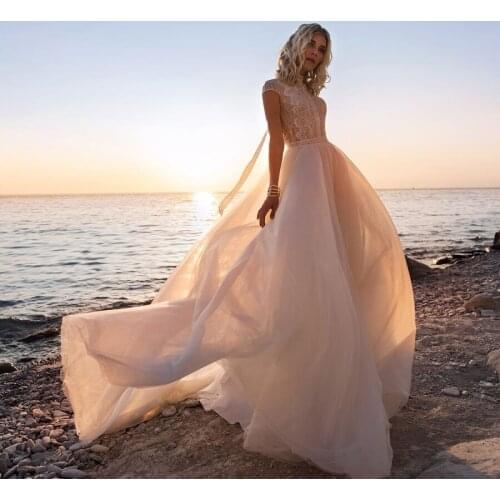 O-neck France Lace A-line Beach Elegant Bridal Dress Bohemian Open Back Wedding Dress vestido de novia encaje