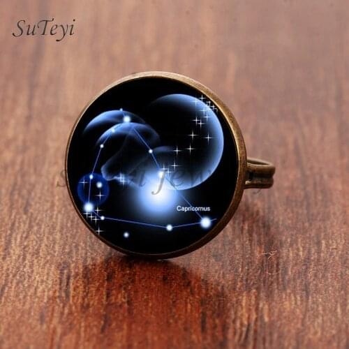 SUTEYI Charms New Nouneau Capricorn Libra Scorpio Pisces Ring Constellation Pattern Glass Cabochon Rings Jewelery For Women