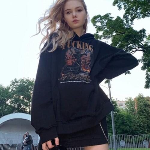 European and American print hooded sweater warm female loose street park retro Harajuku black death hedging top women Y2K