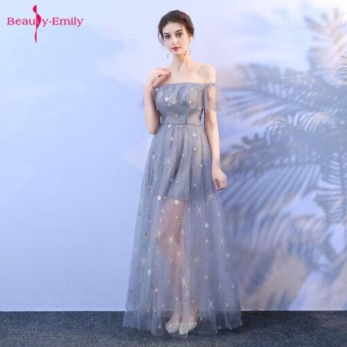 Beauty Emily Long stars decorated tulle Evening Dress Strapless Chiffon High Split Off The Shoulder Formal Occasion Dresses 2019