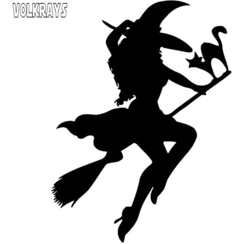 Volkrays Personality Car Sticker Halloween Witch Flying on Broom Accessories Reflective Vinyl Decal Black/Silver,13cm*9cm