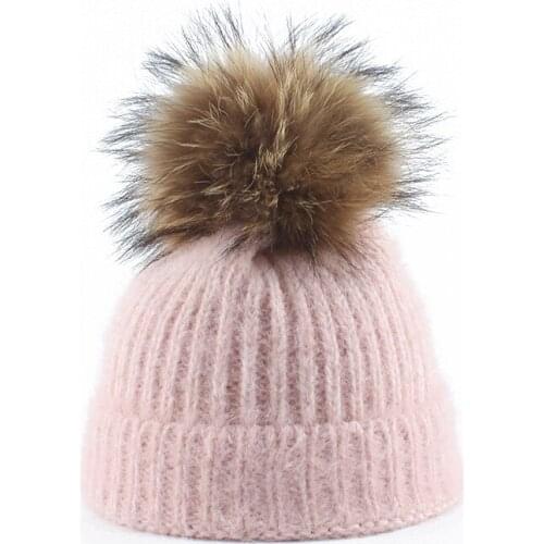 Angola Rabbit fur knitted hat with real fur pom pom hat Skullies beanie winter hat for women girl 's hat female cap