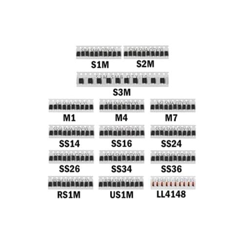 XFCZMG 150PCS 15 Values Total 150pcs: M1 M4 M7 S1M S2M S3M SS14 SS16 SS24 SS26 SS34 SS36 RS1M US1M LL4148