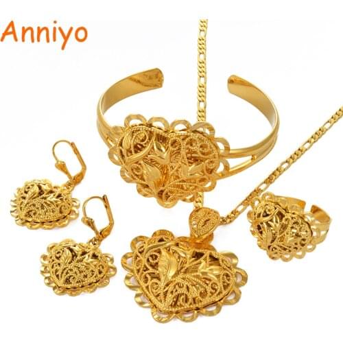 Heart Jewelry Sets African Ethiopian Gold Color Bride Wedding Necklace Earrings Bangle Ring Dubai Arab Jewellery #118506