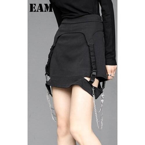 [EAM] High Waist Black Irregular Chain Hollow Out Slit Half-body Skirt Women Fashion Tide New Spring Autumn 2021 1DE1938