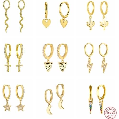 GS 925 Sterling Silver Crystal Moon Star Pendant Drop Earrings For Women Zircon Lightning Cross Cactus Charm Dangle Earring