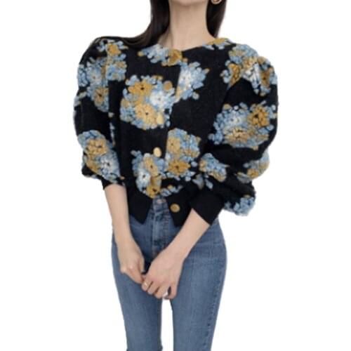 Vintage Woman Three-Dimensional Flowers Jersey Korean Chic Casual O-Neck Hit Color Latern Sleeve Sweater Carigans Female Hiver