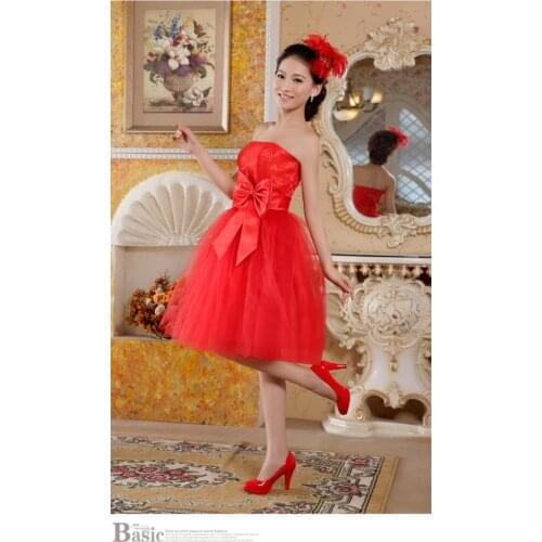 Free shipping floral print 2016 new bride short design formal handmade bow ladies' split dress knit dress red bridesmaid dress