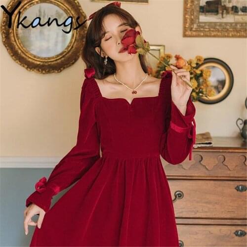 Vintge Red French Lady Dress Elegant Slim Lace Up Square Collar Long Sleeves Robe Femme Spring Autumn Sweet Simple Fairy Clothes