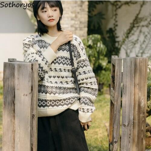 Winter Pullovers Women Sweaters Baggy Tender Casual Students All-match Popular Argyle Vintage Warm Comfortable Knitwear Japanese