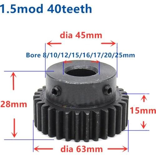 1.5M 40T 45T gear thickness 15mm 1.5mod gear rack 45teeth Tooth quenching Spur Gear pinion bore 8-25mm spur gear 45 steel cnc