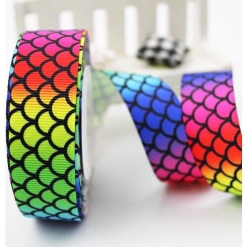 10 yards 1-1/2"(38mm) colorful gradient fish scales webbing hot transfer printing grosgrain ribbon DIY headband tape