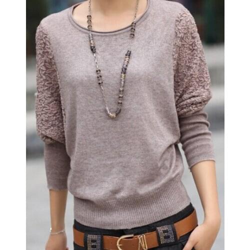2018 Autumn Sweater Women Elegant Batwing Lace Sleeve women Sweater and pullover O-Neck Loose Casual Sweater ,T3131