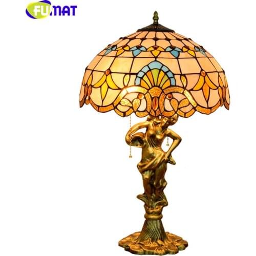 FUMAT Tiffany Baroque Shade Table Lamp Home decor Creative Art Stained glass Table Lights for Living Room Bedside LED Table Lamp
