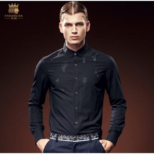 Free shipping New arrivals 2016 male man long-sleeve shirt mens fashion Autumn floral Black Slim cotton shirt 612110 fanzhuan